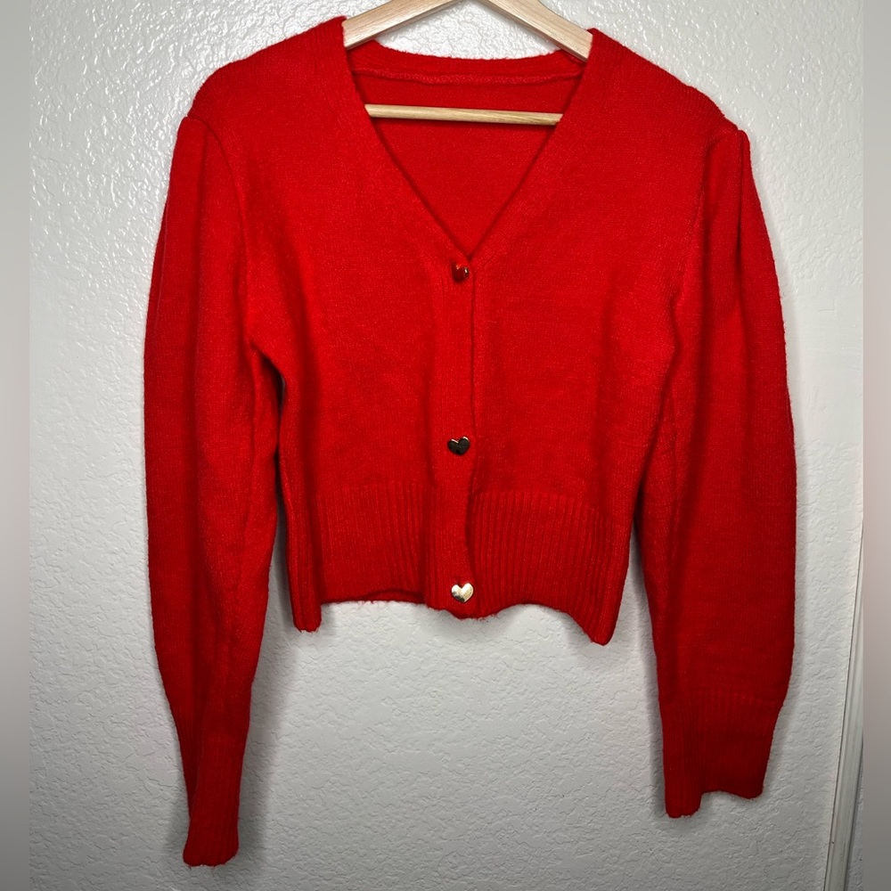 Vintage Handmade Women’s Red Cardigan with Gold Heart Buttons